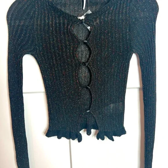 Free People Erica Lurex Metallic Ribbed Black Y2K Coquette Girl Cardigan NWOT XS - Picture 6 of 8
